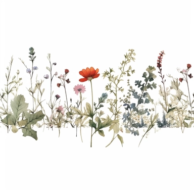 Pressed boho wild flowers cottagecore vintage botanical pastel floral nature flower garden with seamless border, clipart with white background –ar 293:151