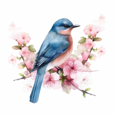 A watercolor illustration of a blue bird on a branch of pink flowers clipart, in the style of instant film, frieke janssens, adrianus eversen, pictorial fabrics, cute and dreamy, cherry blossoms, uhd image on white background