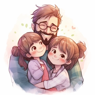 father hugging daughter and boy lovingly, smiling, Watercolor Clipart, HAPPY, strybk, full Illustration, chibi kawaii, sharp focus, watercolor, smooth soft skin, symmetrical, soft lighting, detailed face, concept art, muted colors, watercolor style, strybk, children's style fairy tales, Octane rendering, 3D, Perfect face, detailed face, delicate face, perfect sharp lips, detailed eyes. Craig Davison, Aubrey Beardsley, Conrad Roset, Aikut Aidogdu, Agnes Cecil, 8k