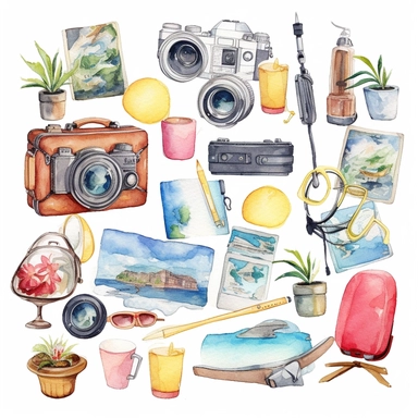 Watercolor Travel clipart, Summer Holiday, Vacation clipart, Tourism clipart, Planner clipart, Adventure clipart, PNG, Airplane Camera Globe