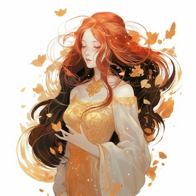 a beutiful girl with red flowing hair, delicate shades of red orange and gold, watercolor clipart, white backound, no backound, glowing,Takehisa Yumeji