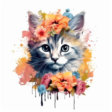 Beautiful colorful kitten on flowers, summer vibes, hand drawing digital art, clean design, sublimation, colorful, watercolor style, white background, 4K, extremely detailed, clipart