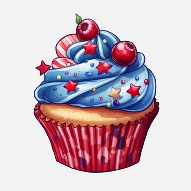4th of July Patriotic Clip art of 4th of july patriotic cupcake, red, white & blue Full body realistic cartoon in 32K UHD cute, 8k with realistic watercolors and detailed illustrations. PNG clipart, Sublimation graphics, transparent white background for removing background - - no text shadow font watermark