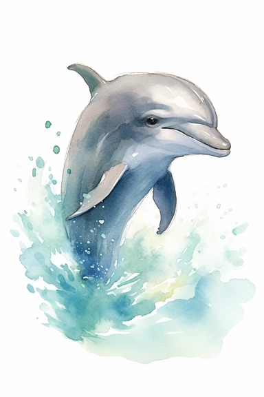 Clip art of dolphin, simple, White margins around the image, drawn by Helen Beatrix Potter, easy to crop image, white background