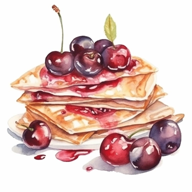 a watercolor Crepe with cherries dessert clipart, hd, on white background, spaced out