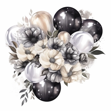 hand drawn balloon garland with shiny black white and silver balloons, white roses and white flowers with greenery, crystals, glamorous, very detailed and realistic, watercolor, clipart style, white background with margins
