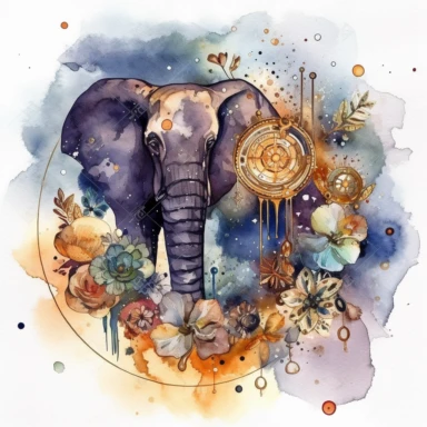 Watercolor clipart, Gems, crystals. Abstract elephant with space inside, galaxy, stars, detailed human heart. ornamental watercolour of a gears, studio light, quill pen. Ink splatter. A still life of broken glass, in the style of Jan van Huysum’s paintings, with a lush arrangement of plant life from africa, surrounded by delicate gold. Minimal design, symmetrical, line, dots. White background. Twisted realisty, surreal still life, dreamlike. Deep rich colour, detailed. In a compass shaped cricle