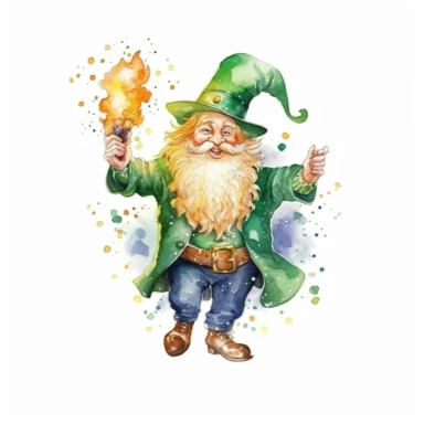 watercolor clipart of a magical mystical leprechaun, enchanted and mythical, sparkles, magical vibes, isolated on white background
