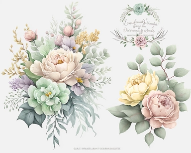 soft colorful pastel colored floral arrangement clipart, soft and subtle, colorful fairy pastel colors watercolor style, fawncore, pastel roses only, dreamy green and yellow pastel colors, muted pastel colors, plain white background, use of fabric, excellent depth of shading in soft watercolor style, watercolor artwork, plain white background for transparent editing