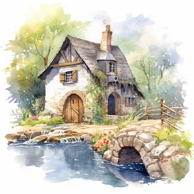 watercolor clipart artwork showcasing the beauty of an ancient medieval cottage surrounded by nature's tranquility. The cottage, situated alongside a calm and meandering river, features a charming waterwheel that turns gracefully, adding a touch of whimsy to the scene. The artist's meticulous attention to detail brings the rustic cottage to life, with textured stone walls, a thatched roof, and vibrant vegetation. Against a pure white background, the watercolor medium creates a soft and dreamy at