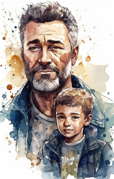 DESIGN A MAGNIFICENT AND EXQUISITE BREATHTAKING ONE-OF-A-KIND HIGH QUALITY HIGHLY DETAILED MASTERPIECE WATERCOLOR CLIPART ILLUSTRATION OF A father and son, in the style of magali villeneuve, clint langley, aquarellist, animated gifs, alex hirsch, candid portraits, associated press photo, ULTRA REALISTIC, WHITE BACKGROUND, NO FONT, NO TEXT, NO WORDS, NO WATERMARK
