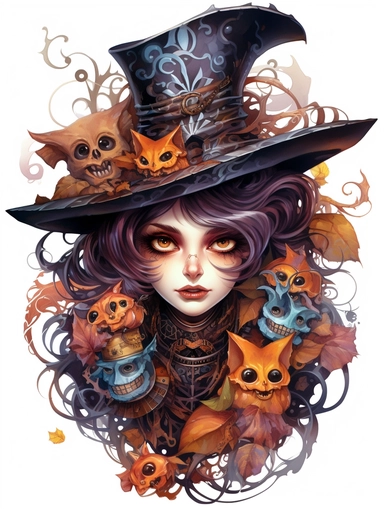 halloween haunted scary gothic steampunk witch by esmaav, magic, in the style of colorful fantasy realism, bold, manga, sticker art, clipart png, photorealistic, watercolor, digital painting, WHITE BACKGROUND, fantasy style, realistic, painting, 8k, ultra details,