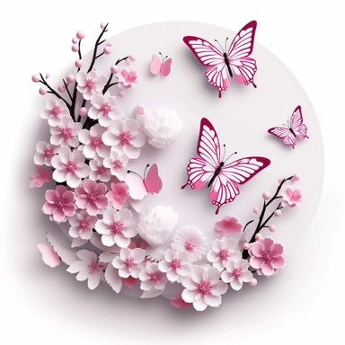 3D exceptionally beautiful pink flowers and butterflies in 3D, clipart white background