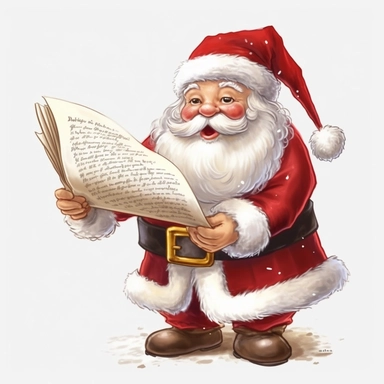 clipart with white background, a cute santa claus reading a long scroll, clearly defined separate image, high quality--ar3:4-no mockups, watermarks, numbers, writing, letters--q2--v5.1--s1000