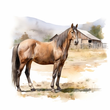 realistic watercolor drawing of a horse on a charming California farm, on a white background where the background will be removed to repurpose as a clipart.