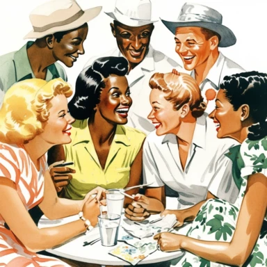 clip art, vintage, bright, white background, high contrast, 4th of july, family and friends laughing, multi-racial