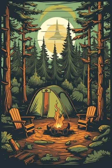 camping scene with campfire, chairs, and tent in the woods during the summer months. vector clip art illustration, detailed, rustic