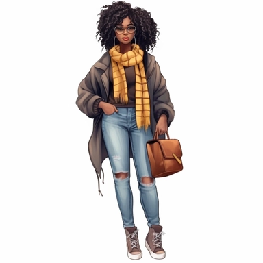 Black girl with old school fashion clothes, watercolor style, clipart solid white background