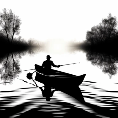 silhouette of man fishing in a row boat, clipart