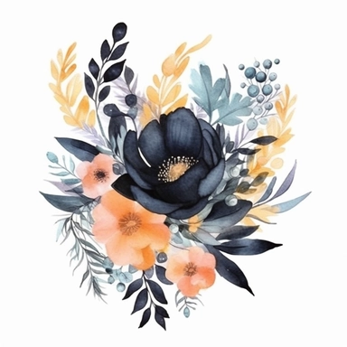 watercolor, handpainted black boho floral clipart, transparent background, spaced out--ar 3:2