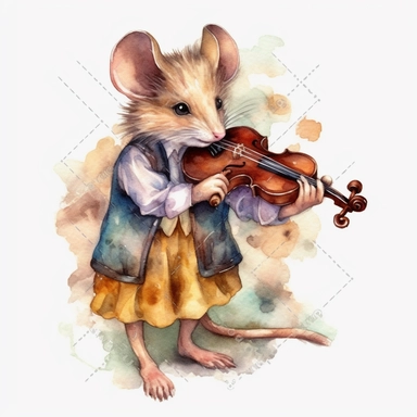 Mouse playing the fiddle, watercolor clipart fantasy magic, old-world clipart