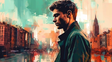 beautiful stunning pretty vintage bladerunner young man, paint art style, clipart, city landscape background, superrealistic, one of a kind
