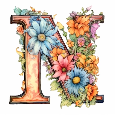 Pastel Vintage Flower Alphabet  M  Watercolor and ink Clipart, Cartoon, anime, hyper-realistic, high contrast, intricate detail, illustration style, high solution on the white background, J