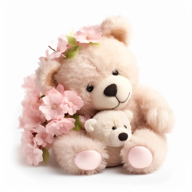 clipart of fluffy baby teddy bear sleeping in her mother's arms, cute, soft and mellow colors, cherry blossome environment, octan renderer, dept of field white background, cutout