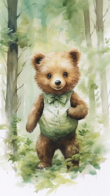 little baby, brown bear,neutral nursery art,cute bear, Baby attire,intricate,disney, baby light green,baby light blue, baby light ocher,hairy, cotton, beautiful trees,enchanted Forest,realism, watercolor painting, enchanted Forest, solid background, white background, vintage outfit, oil painting, photobashing, tattoo design,clipart--v 5,1
