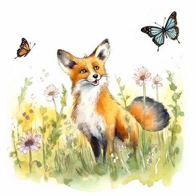 enthusiastic and happy Fox in a Meadow Clipart looking at batterflies watercolor sketch,