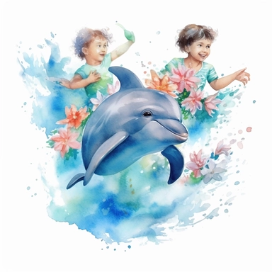watercolor boys and girls swimming with dolphins, roses clipart on white background