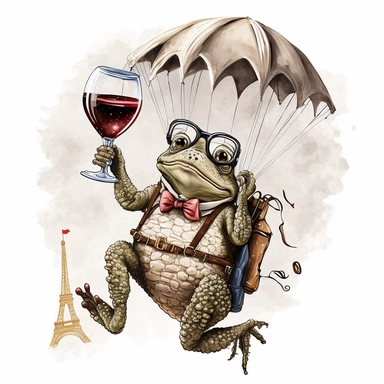 studious toad with glasses and red wine in his hand while parachuting from the Eifel tower, vintage, funny, white background, clipart, no shadows, caricature