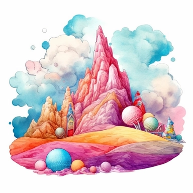 Fairytale style beautifull candy mountains in the candyland with watercolor effect,candyland scene,candies,fantasy style,realistic features,vibrant colors,suitable for digital clipart,white background