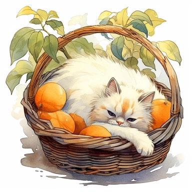 Watercolor cream white black colored himalayan kitten peacfully sleeping in a laundry basket clipart, himalayan breed kitten, peacefully sleeping kitten, eyes closed, similing kitten, surrounded by oranges and orange leaf and branches, couple of oranges, high detail oranges, high quality drawing, high quality, body visible, summer colors, hairs are visible, summer day theme, valentines day theme, full body kitten, crawling in basket, peacefull feeling, childlike innocence and charm, shy kitten, 