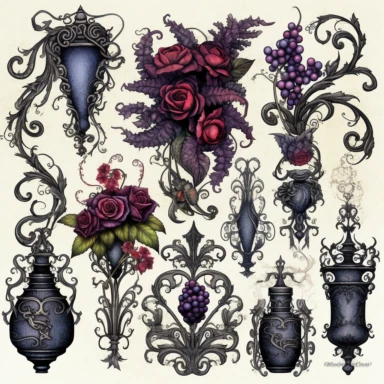 Create a mesmerizing collection of Gothic-inspired clipart featuring intricate floral arrangements that will captivate viewers. The flowers should exude an air of mystery and enchantment, drawing inspiration from Gothic literature and art. Incorporate elements such as twisted vines, delicate thorns, and ornate motifs reminiscent of Gothic architecture. Use a vibrant color palette that juxtaposes deep, velvety blacks with intense pops of color, such as rich purples, crimson reds, and electric blu