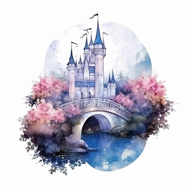 light watercolor wild castle and beauty princess in the moonlight in beautiful forest with bridges, roses, flowers,and lights realistic clipart on white background