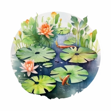 Watercolor Lily Pond Clipart, lily pad and frog pond, CLIPART, fish and birds, beautiful, flowers