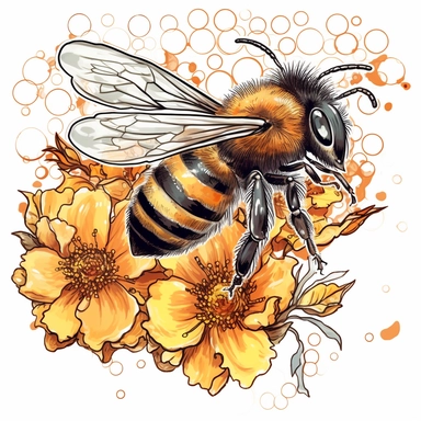 clipart, outline, Watercolor, a honey bee sticker, side shot, with the details of its antenna legs and wings, in the style of airbrushing, liam sharp, overexposure, brushwork emphasis, sofonisba anguissola. gathering pollen from spring flower. Clipart, vector, contour, solid white background