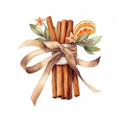an adorable watercolor clipart image with a white background, showcasing a cinnamon stick bundled with dried oranges and ribbon, perfect for festive decor.