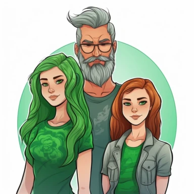 a Clipart style Bearded father, his green haired girlfriend and there daughter. They are Caucasian, the daughter is 14 and the parents are 28. Make the background white.