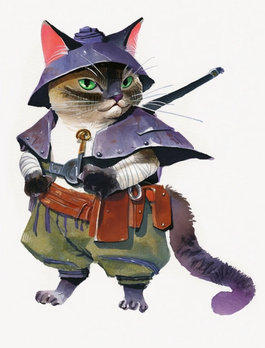 beautifully colored, beautifully illustrated anthropomorphic self defense cat , with a cast shadow , beautiful gouache painting, chibi clipart with a cast shadow on white background, beautiful gouache painting, , watercolor art by concept art by Ken Sugimoto simple watercolor still-life sketch, bold lines, sketch by Kim Jung Gi and by Satoshi Kon