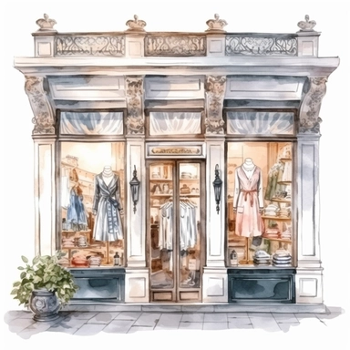 A stylish boutique with elegant window displays, mannequins and fashionable clothing, watercolor illustration with photorealistic high details clipart, white background
