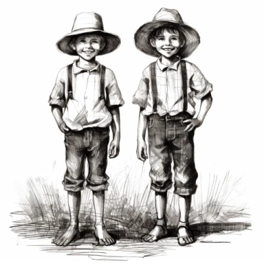 cartoon two brasilian boys, one with a straw hat and one fat with a overalls clipart stock vector illustration, in the style of Ernest Shepard, animated gifs, frenchy, crosshatched shading, 1970–present, joseph beuys
