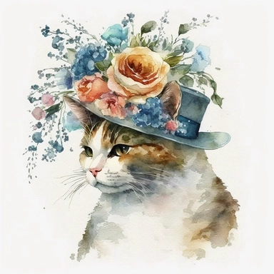 watercolor adorable cat in a fancy hat clipart, hd white background