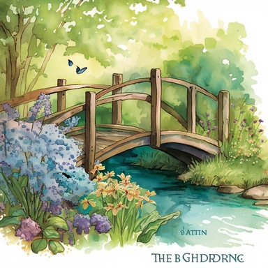 The spring bridge illustration is a colorful watercolor artwork depicting a picturesque garden scene during the summertime. The bridge itself is a rustic wooden structure with arched beams and railings, spanning over a babbling brook. The water is depicted in shades of blue and green, with watercolor drops adding a sense of motion and fluidity. The garden surrounding the bridge is bursting with vibrant summer flowers in shades of pink, purple, yellow, and orange. The flowers are painted in a loo