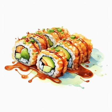 watercolor, hyper realistic, white background, white margins, 16k, ultra detailed clipart, cut out image, hand-drawn a colorful dragon roll, showcasing a delicious combination of shrimp tempura, avocado, and cucumber, topped with slices of eel and drizzled with savory eel sauce. in the style of anime art, frostpunk, photo-realistic drawings, villagecore, lively and energetic, high quality, anime