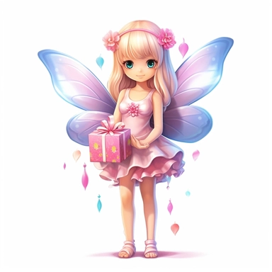 Fairy Clipart, Japan Anime style, beautiful smiling cute fairy holding a birthday gift, full body, on white background
