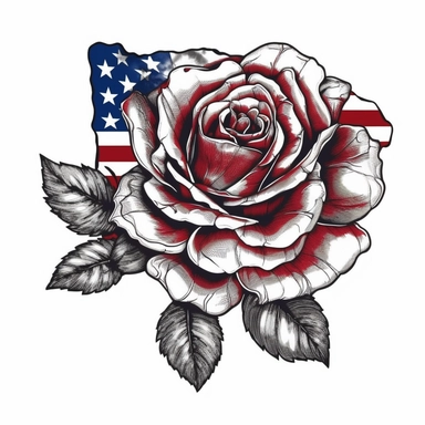 a rose with american flag colors rendered on a pure white background, t-shirt design graphic, vector, clipart, isolated, .75 gutter,