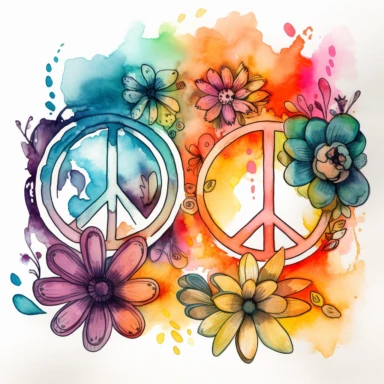 watercolor LINE ART SKETCH of 2 individually spaced apart Groovy, retro, hippie, flower power, digital printable clipart, vibrant color palette, white background