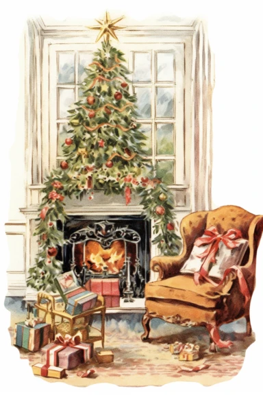 clipart Christmas living room, vintage illustration, Pierre Redoute style, isolated on white background